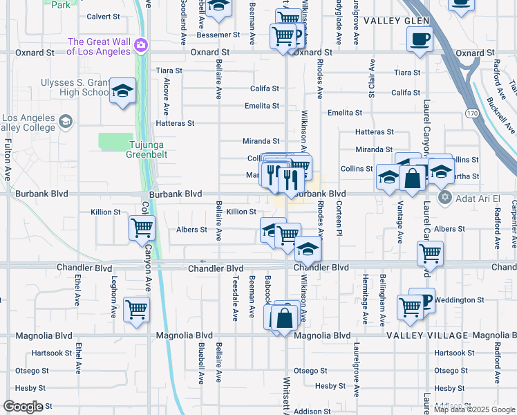 map of restaurants, bars, coffee shops, grocery stores, and more near 12547 Killion Street in Los Angeles