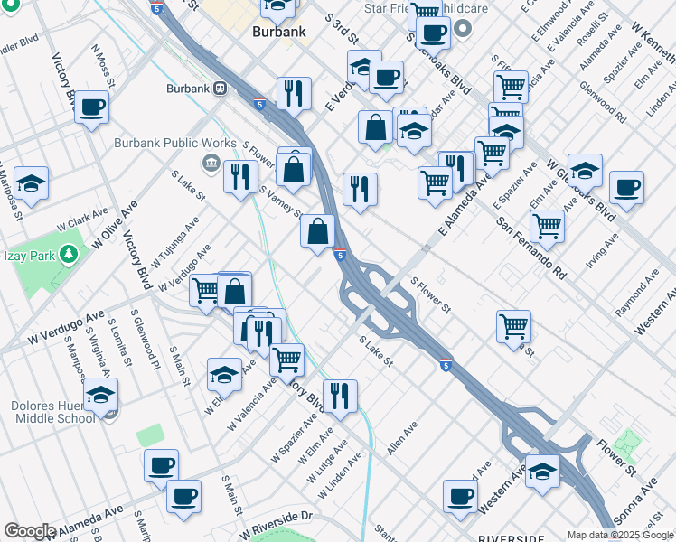 map of restaurants, bars, coffee shops, grocery stores, and more near 145 W Ash Ave in Burbank