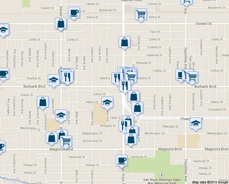 map of restaurants, bars, coffee shops, grocery stores, and more near 14535 Killion Street in Los Angeles