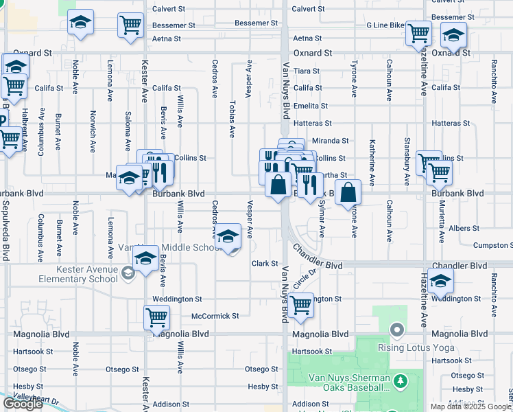map of restaurants, bars, coffee shops, grocery stores, and more near 14549 Killion Street in Los Angeles