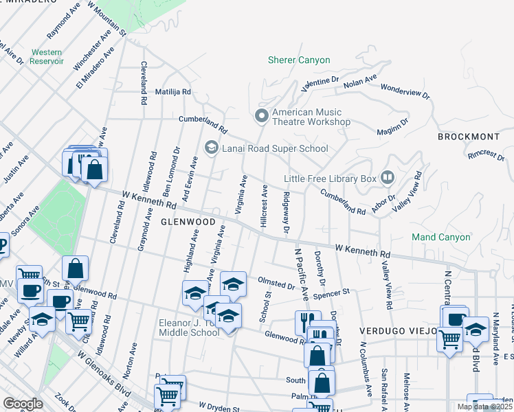 map of restaurants, bars, coffee shops, grocery stores, and more near 1541 Hillcrest Avenue in Glendale