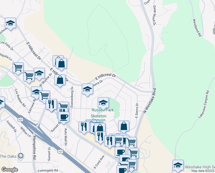 map of restaurants, bars, coffee shops, grocery stores, and more near 3167 West Black Hills Court in Thousand Oaks