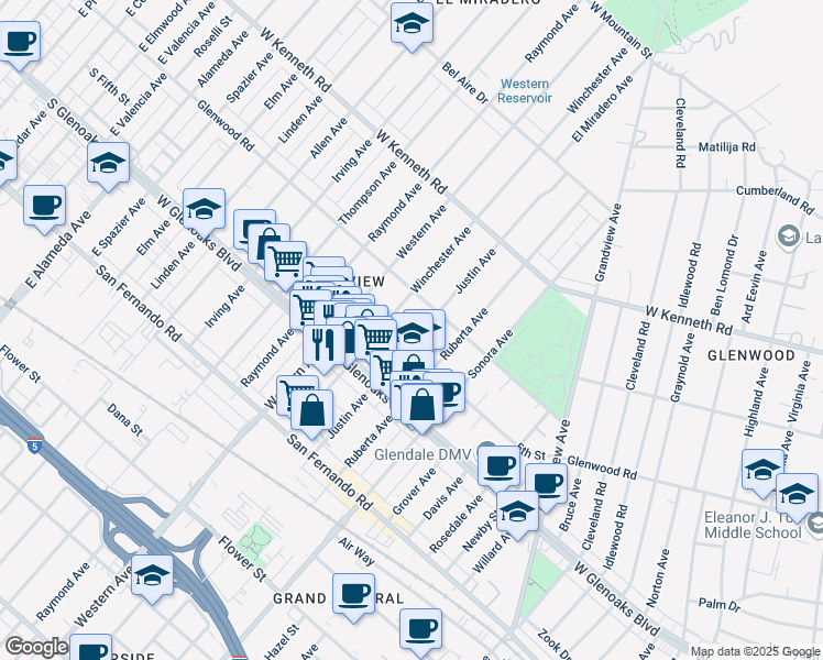 map of restaurants, bars, coffee shops, grocery stores, and more near 1157 Justin Avenue in Glendale