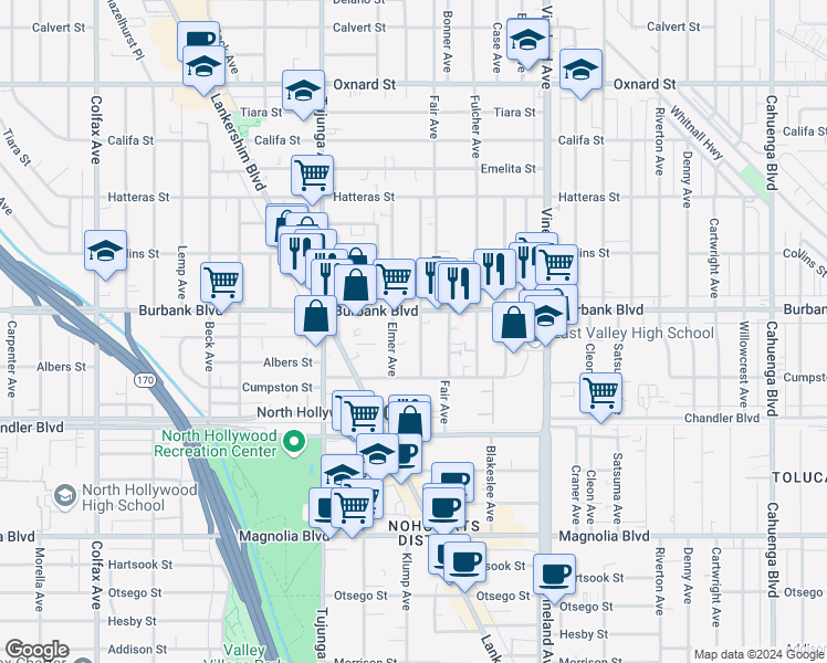 map of restaurants, bars, coffee shops, grocery stores, and more near 5555 Klump Avenue in North Hollywood