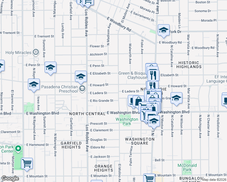 map of restaurants, bars, coffee shops, grocery stores, and more near 591 East Ladera Street in Pasadena