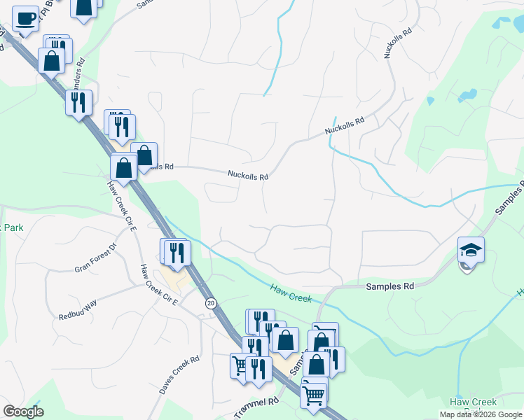 map of restaurants, bars, coffee shops, grocery stores, and more near 2562 Pearl Fowler Road in Cumming
