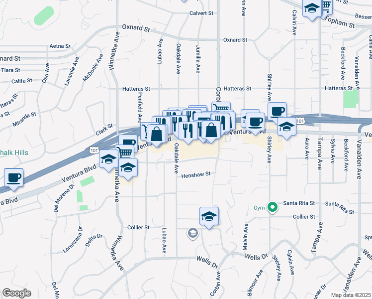 map of restaurants, bars, coffee shops, grocery stores, and more near 19800 Ventura Boulevard in Los Angeles