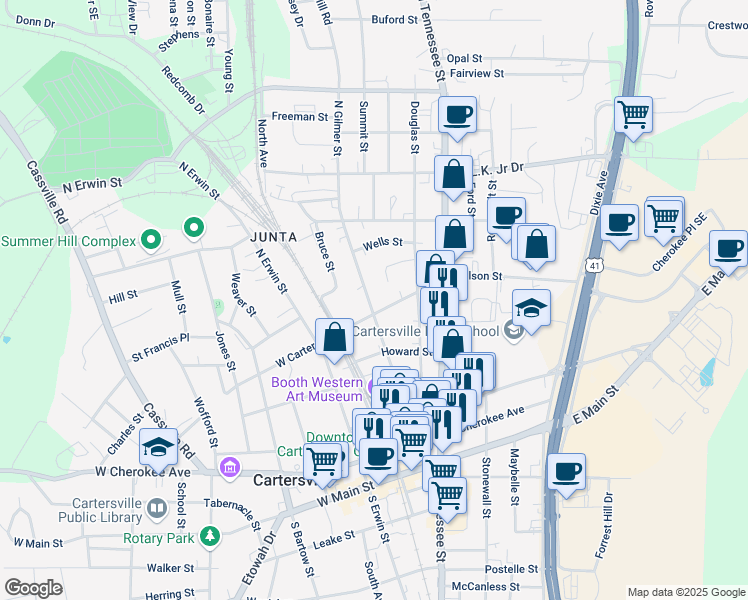 map of restaurants, bars, coffee shops, grocery stores, and more near 307 North Gilmer Street in Cartersville