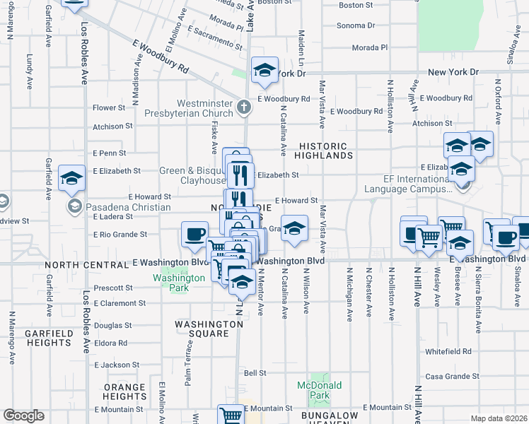 map of restaurants, bars, coffee shops, grocery stores, and more near 1480 North Mentor Avenue in Pasadena