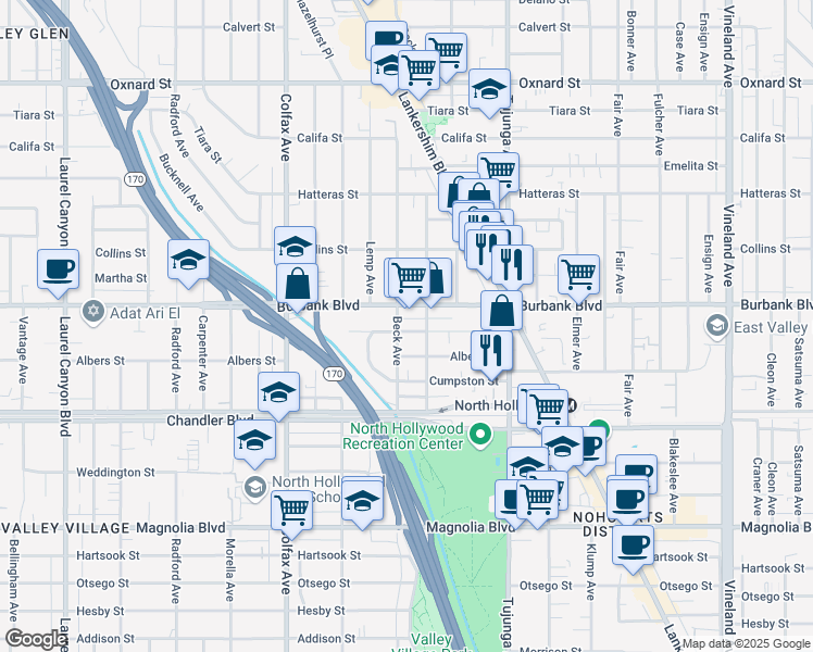 map of restaurants, bars, coffee shops, grocery stores, and more near 11521 Killion Street in Los Angeles