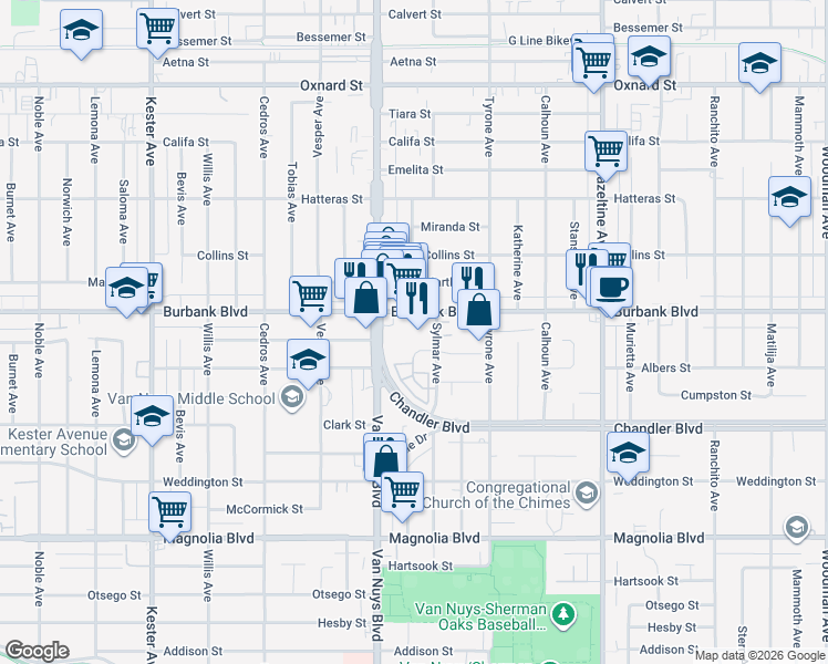 map of restaurants, bars, coffee shops, grocery stores, and more near 14440 Burbank Boulevard in Los Angeles