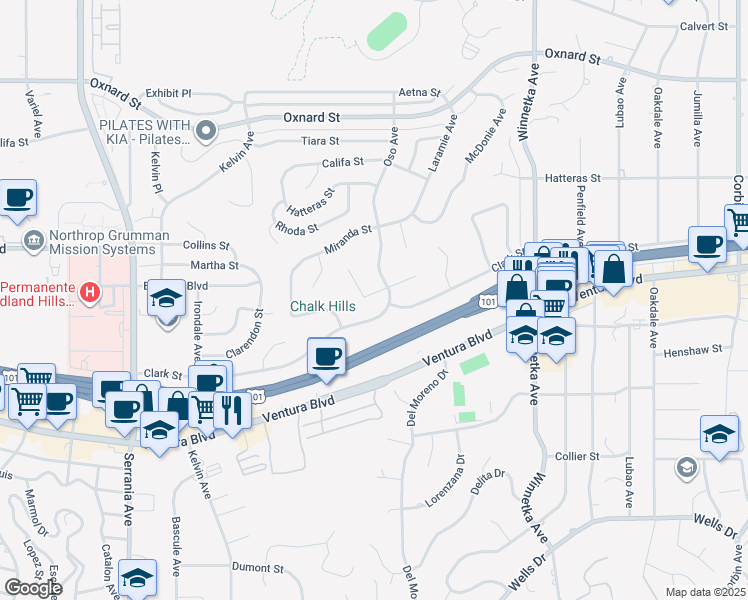 map of restaurants, bars, coffee shops, grocery stores, and more near 20416 Coulson Street in Los Angeles