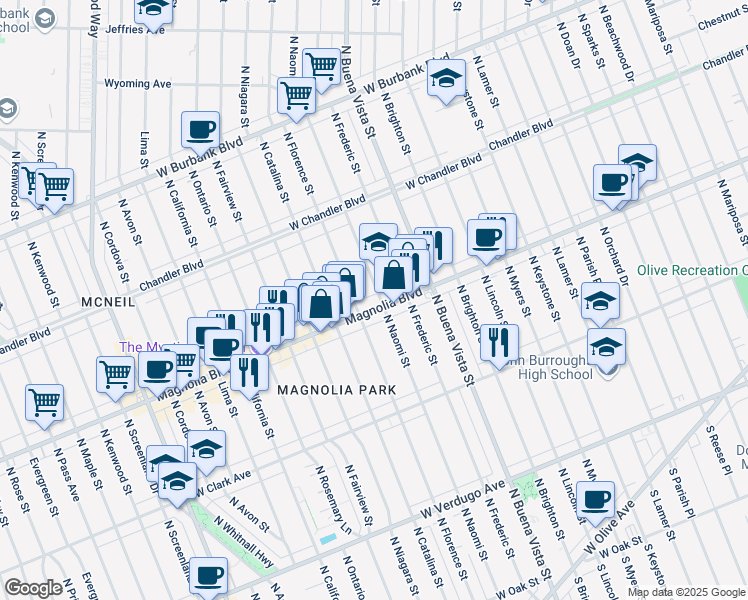 map of restaurants, bars, coffee shops, grocery stores, and more near 814 North Florence Street in Burbank