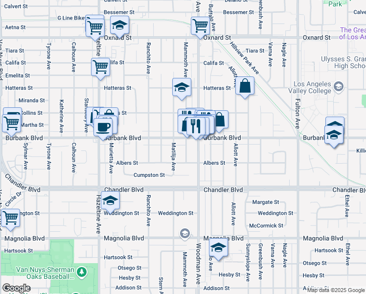 map of restaurants, bars, coffee shops, grocery stores, and more near 5541 Mammoth Avenue in Los Angeles