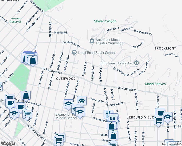 map of restaurants, bars, coffee shops, grocery stores, and more near 1541 Hillcrest Avenue in Glendale