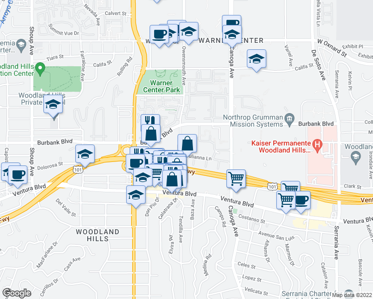 map of restaurants, bars, coffee shops, grocery stores, and more near 5530 Owensmouth Avenue in Los Angeles