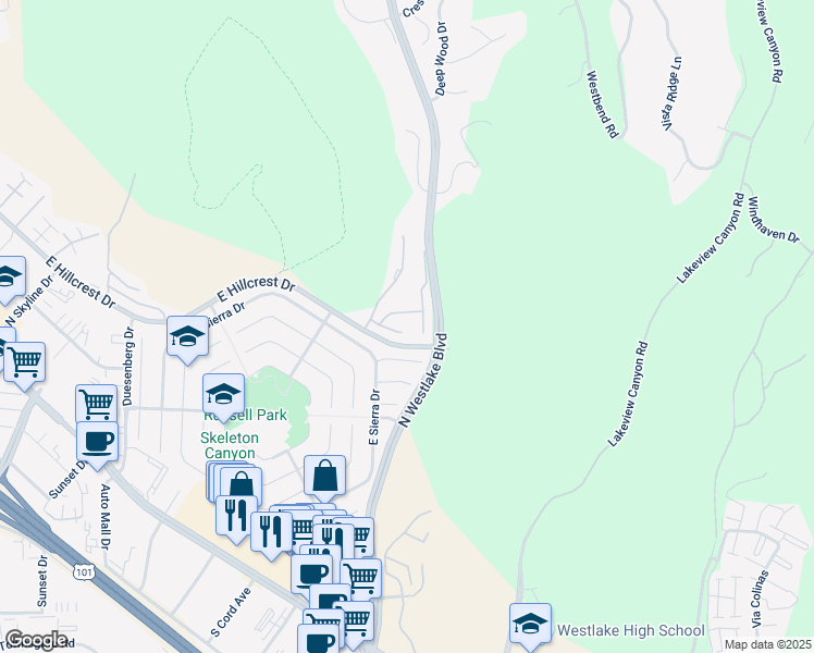 map of restaurants, bars, coffee shops, grocery stores, and more near 4053 Stoneriver Court in Westlake Village