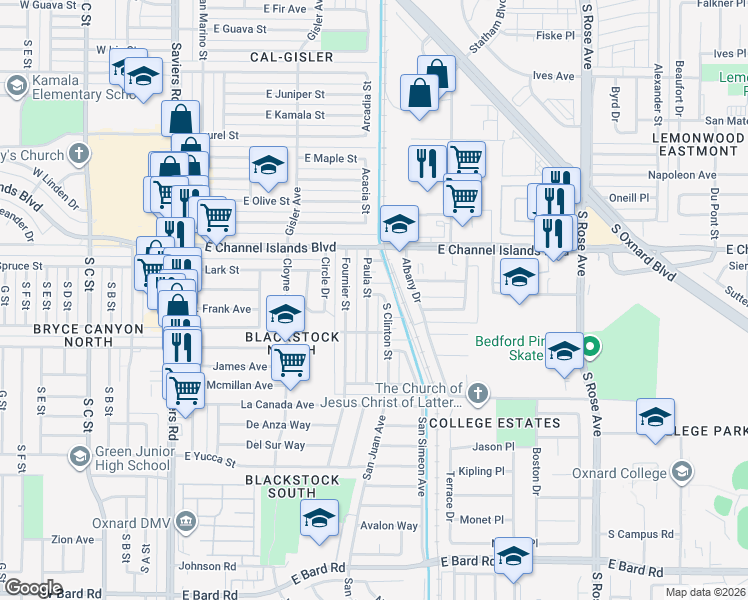 map of restaurants, bars, coffee shops, grocery stores, and more near 3100 Paula St in Oxnard