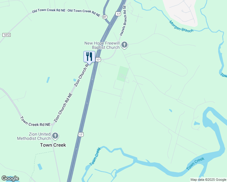map of restaurants, bars, coffee shops, grocery stores, and more near 174 New Hope Lane Southeast in Leland