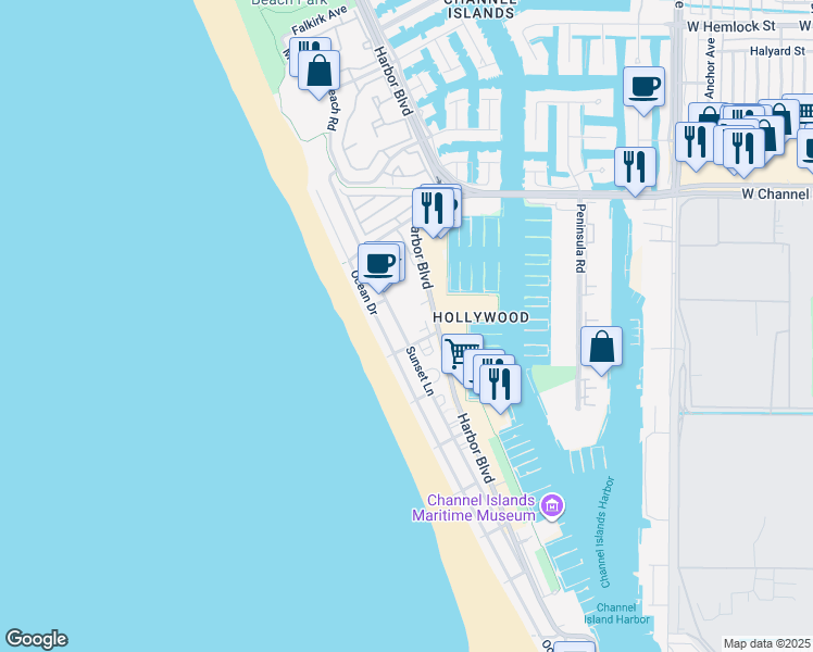 map of restaurants, bars, coffee shops, grocery stores, and more near 3204 Sunset Lane in Oxnard