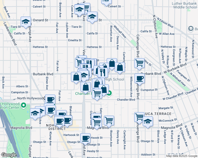 map of restaurants, bars, coffee shops, grocery stores, and more near 5543 Satsuma Avenue in Los Angeles