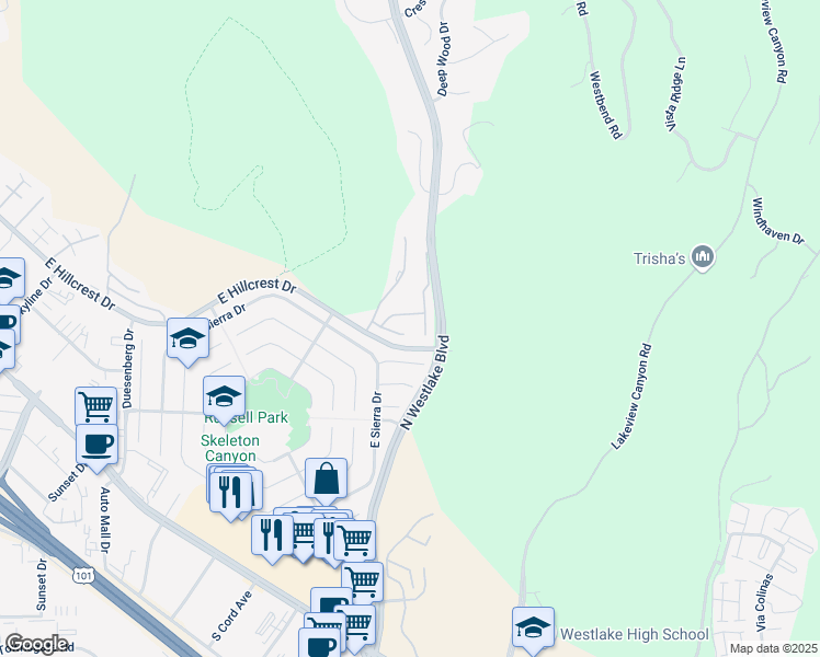 map of restaurants, bars, coffee shops, grocery stores, and more near 4053 Stoneriver Court in Westlake Village