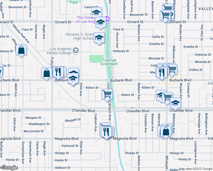 map of restaurants, bars, coffee shops, grocery stores, and more near 5539 Coldwater Canyon Avenue in Los Angeles
