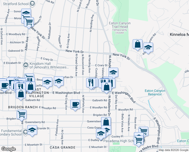 map of restaurants, bars, coffee shops, grocery stores, and more near 2433 Garfias Drive in Pasadena