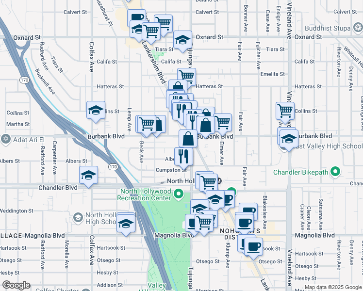 map of restaurants, bars, coffee shops, grocery stores, and more near 11425 Killion Street in Los Angeles
