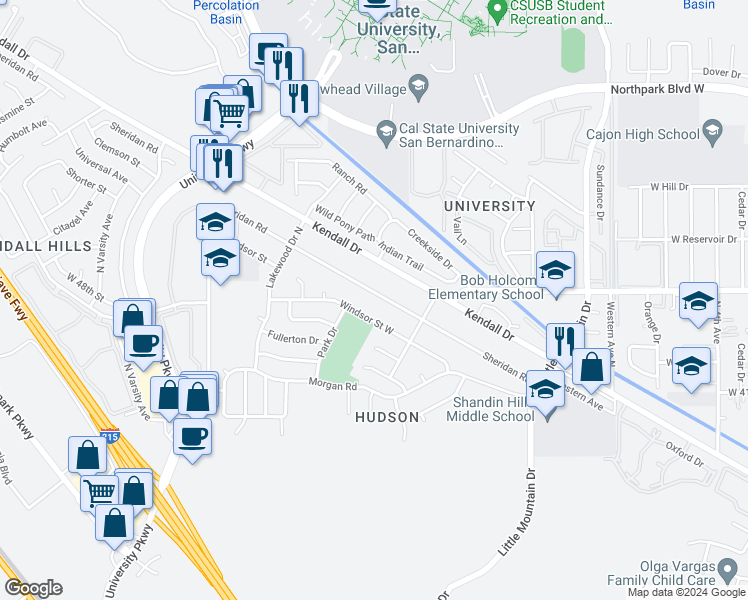 map of restaurants, bars, coffee shops, grocery stores, and more near 1537 Sheridan Road in San Bernardino