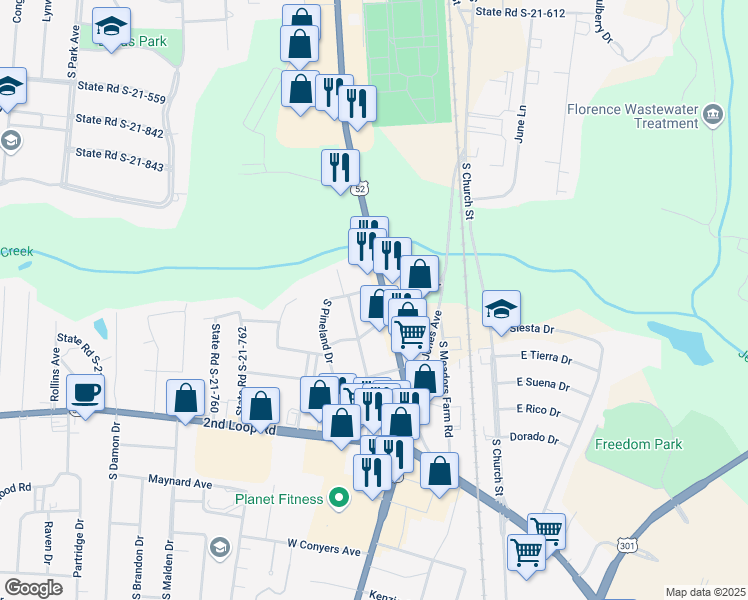 map of restaurants, bars, coffee shops, grocery stores, and more near 1943 South Irby Street in Florence