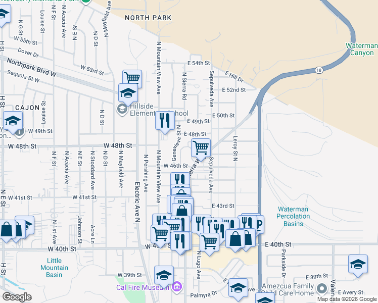 map of restaurants, bars, coffee shops, grocery stores, and more near 4717 Brentwood Lane in San Bernardino