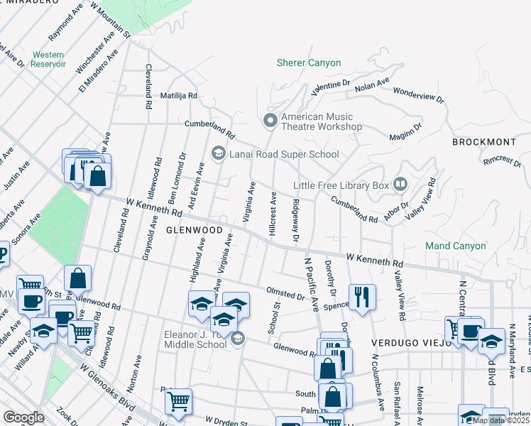 map of restaurants, bars, coffee shops, grocery stores, and more near 1541 Hillcrest Avenue in Glendale