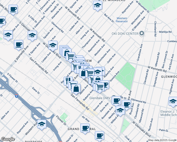 map of restaurants, bars, coffee shops, grocery stores, and more near 1126 Western Avenue in Glendale