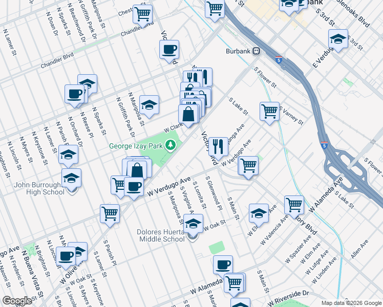 map of restaurants, bars, coffee shops, grocery stores, and more near 1005 West Angeleno Avenue in Burbank
