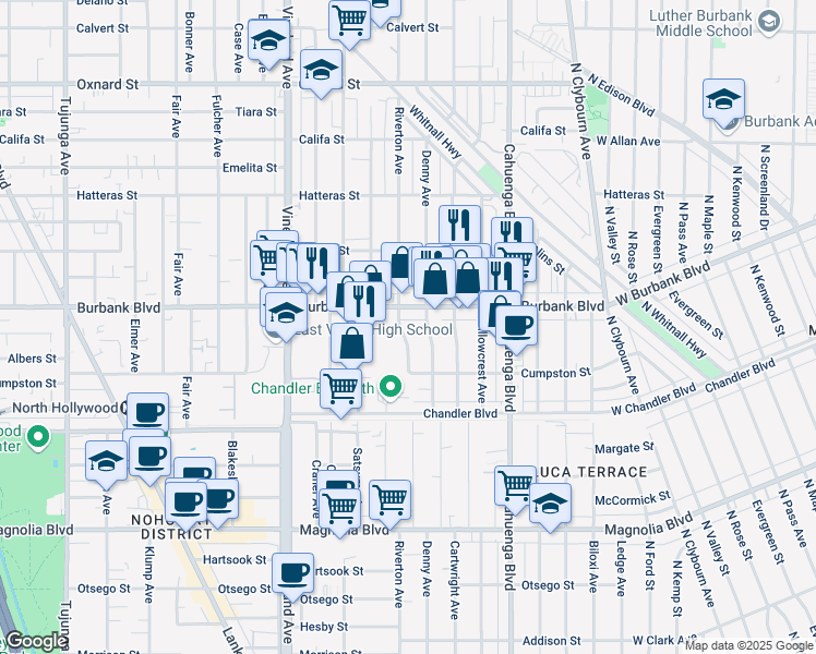 map of restaurants, bars, coffee shops, grocery stores, and more near 5555 Denny Avenue in Los Angeles