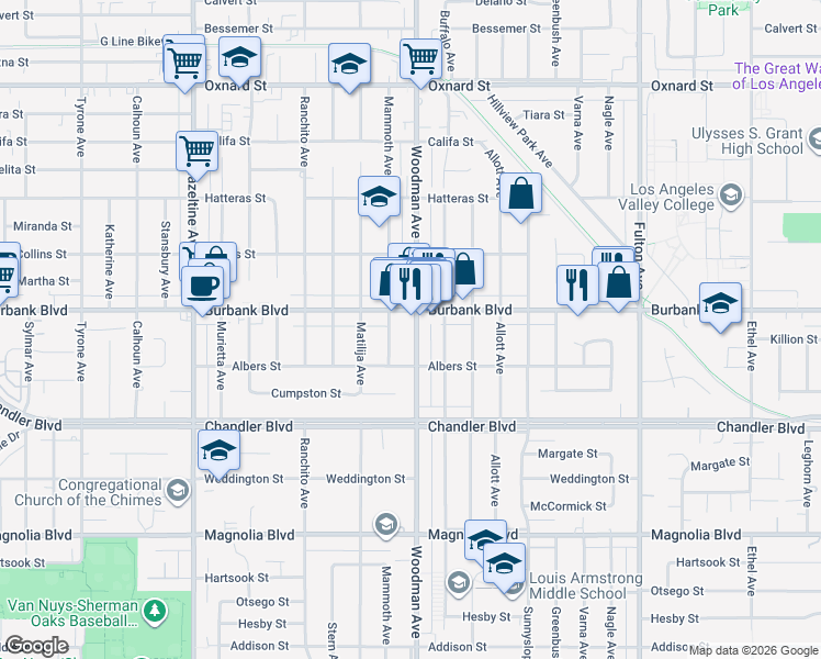 map of restaurants, bars, coffee shops, grocery stores, and more near 5540 Woodman Avenue in Los Angeles