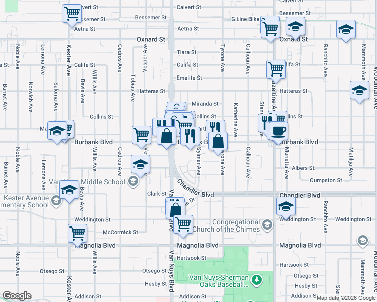 map of restaurants, bars, coffee shops, grocery stores, and more near in Los Angeles