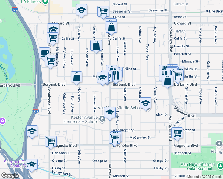 map of restaurants, bars, coffee shops, grocery stores, and more near 5537 Bevis Avenue in Los Angeles