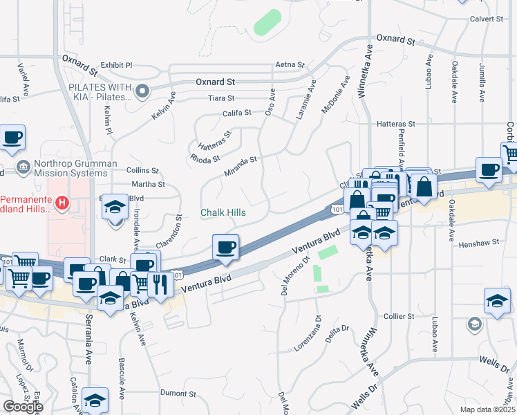map of restaurants, bars, coffee shops, grocery stores, and more near 20416 Coulson Street in Los Angeles