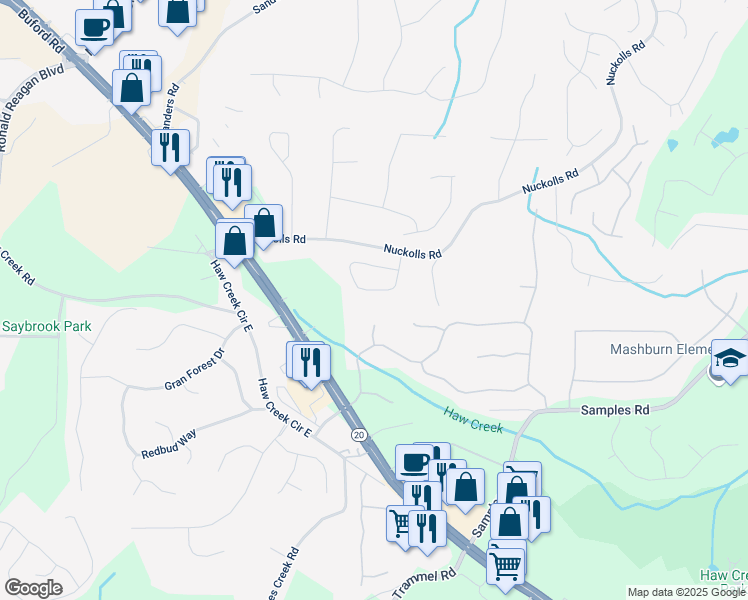 map of restaurants, bars, coffee shops, grocery stores, and more near 2617 Grapevine Circle in Cumming