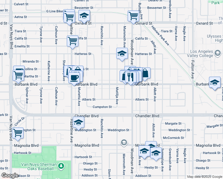 map of restaurants, bars, coffee shops, grocery stores, and more near 5540 Cantaloupe Avenue in Los Angeles