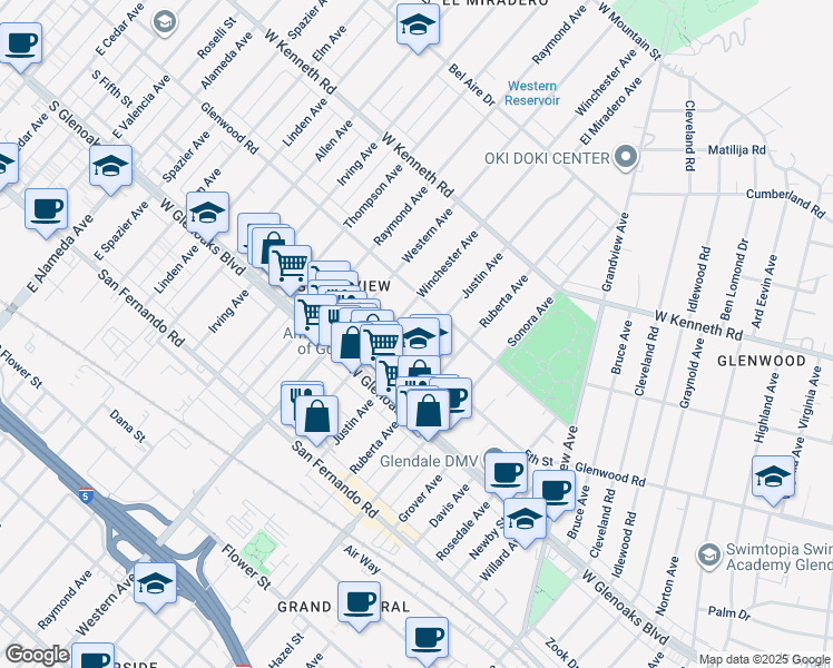 map of restaurants, bars, coffee shops, grocery stores, and more near 1157 Justin Avenue in Glendale