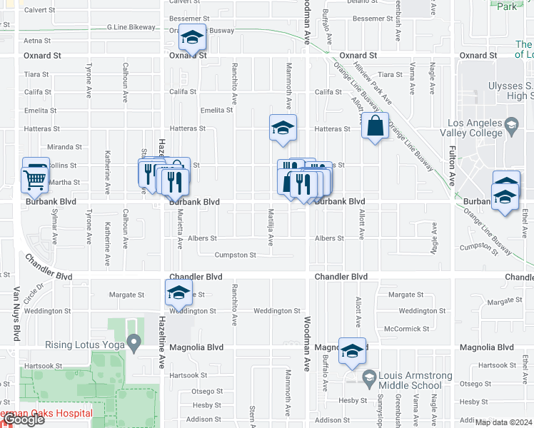 map of restaurants, bars, coffee shops, grocery stores, and more near 5541 Matilija Avenue in Los Angeles
