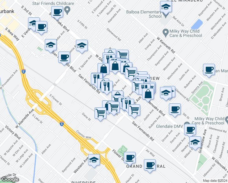 map of restaurants, bars, coffee shops, grocery stores, and more near 1030 Irving Avenue in Glendale