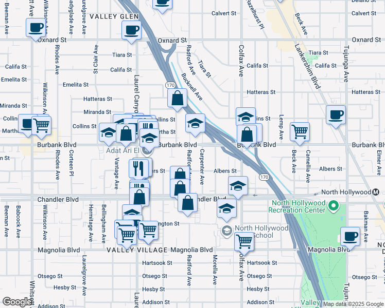 map of restaurants, bars, coffee shops, grocery stores, and more near 5536 Radford Avenue in Los Angeles