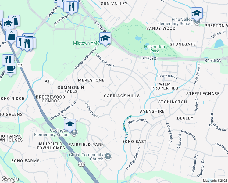 map of restaurants, bars, coffee shops, grocery stores, and more near 3713 New Holland Dr in Wilmington