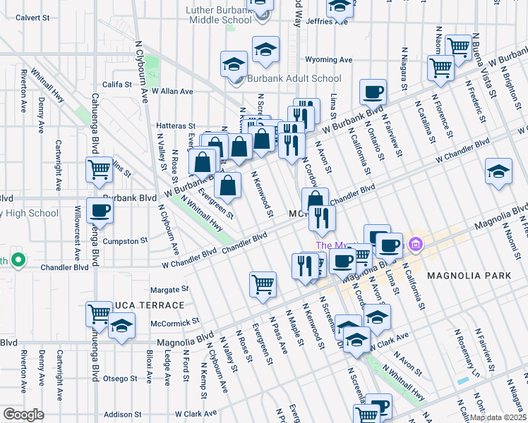 map of restaurants, bars, coffee shops, grocery stores, and more near 1223 North Kenwood Street in Burbank