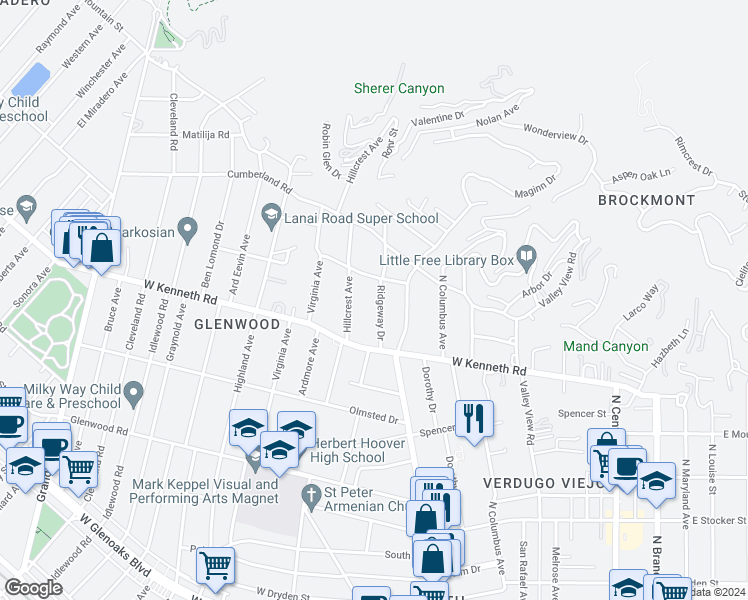 map of restaurants, bars, coffee shops, grocery stores, and more near 1549 Ridgeway Drive in Glendale