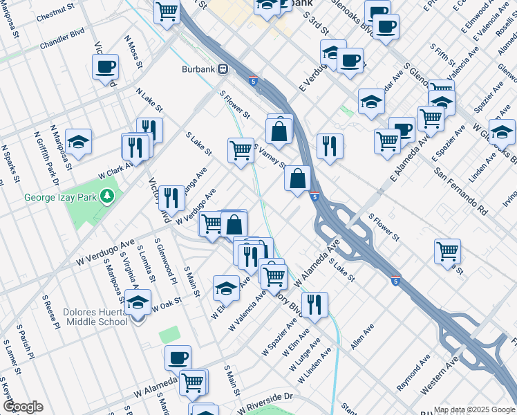 map of restaurants, bars, coffee shops, grocery stores, and more near 210 West Providencia Avenue in Burbank
